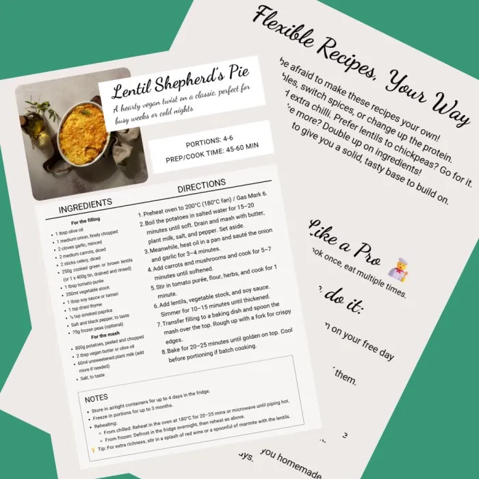 Pages from the Manchester Vegan Guide free vegan meal prep cookbook.